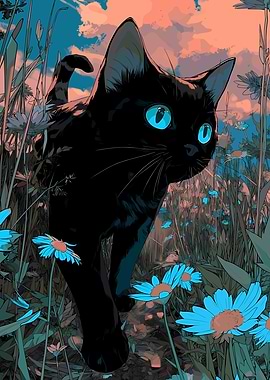 Black Cat in a Field of Flowers