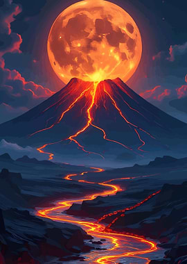 Volcano Erupting Under a Blood Moon