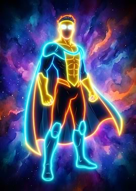 Superhero in Neon Cosmic Background