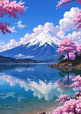 Mount Fuji with Cherry Blossoms and Lake