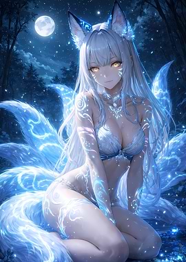 Kitsune Spirit in Moonlit Forest