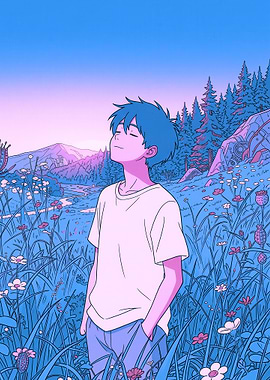 Anime Boy in Flower Field
