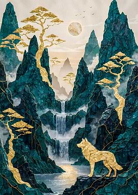 Moonlit Guardian: A Wolf Among Golden Mountains and Waterfalls