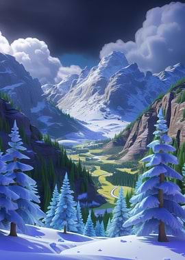 Snowy Mountain Valley Landscape