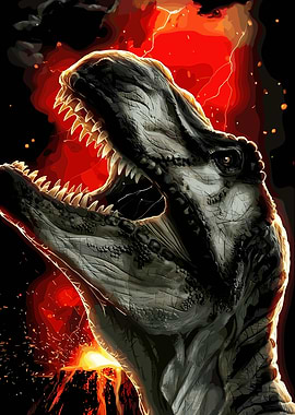 Tyrannosaurus Rex Roaring in Volcano