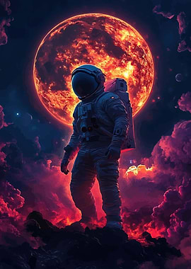 Astronaut in front of a fiery planet
