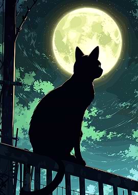 Black Cat Silhouetted Against Full Moon