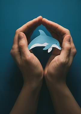 Hands protecting a paper dolphin