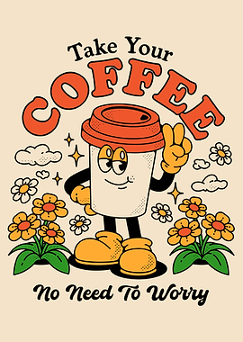 Cute Coffee Poster, Retro Smiling Cup Art, Kawaii Flower Aesthetic Wall Print