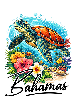 Bahamas Sea Turtle and Flowers