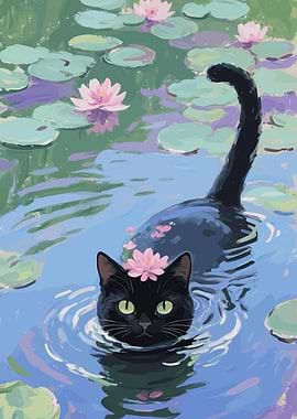 Black Cat in Water Lilies