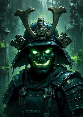 Cyberpunk Samurai with Glowing Green Eyes