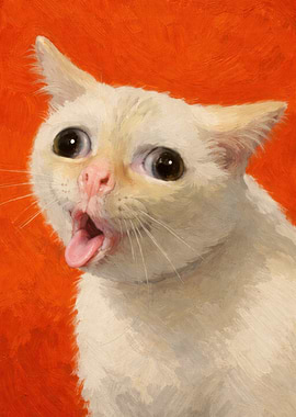 Painting of a white cat with mouth open