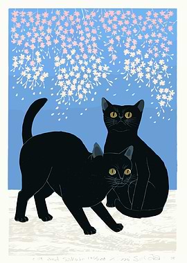 Two Black Cats Under Sakura Blossoms