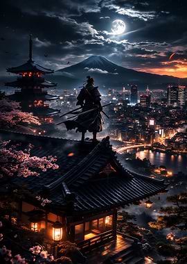 Samurai Overlooking Cityscape at Night