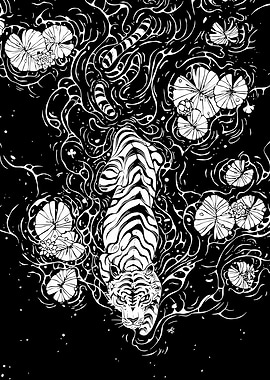 Tiger in Water with Lily Pads