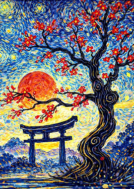 Japanese Torii Gate and Cherry Blossom Tree