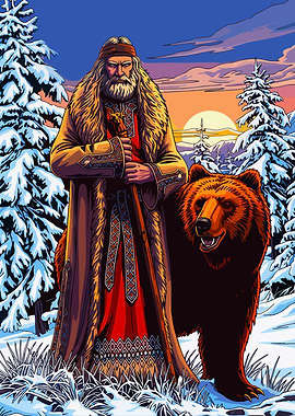 Man and Bear in Snowy Forest