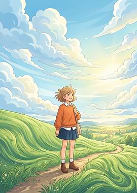 Girl walking on a path in a green landscape