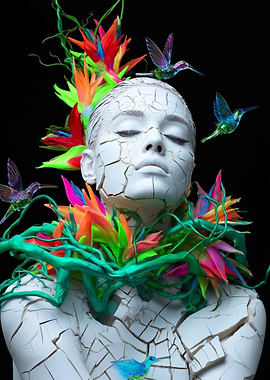 Cracked Face with Hummingbirds and Flowers