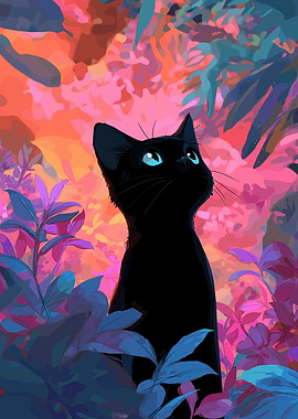 Black Cat in a Vibrant Jungle