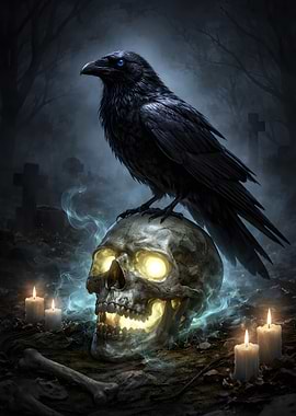 Raven on a glowing skull in a graveyard
