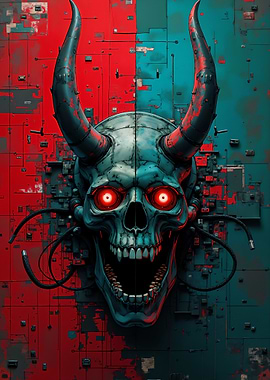 Cyberpunk Demon Skull with Horns