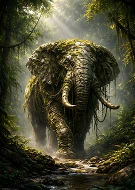 Ancient Stone Elephant in Misty Jungle