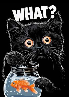 Funny Black Cat and Goldfish