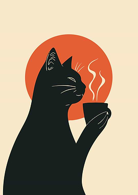 Black Cat Enjoying Coffee
