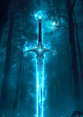 Glowing Sword in a Forest