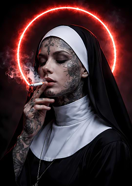 Tattooed Nun Smoking with Red Halo
