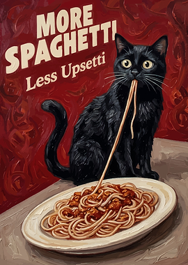Black Cat Eating Spaghetti