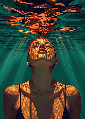Woman underwater with light patterns
