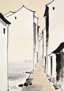 Ink Wash Painting of a Coastal Village Path