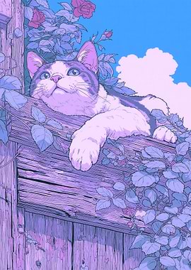 Cat on a wooden fence with roses