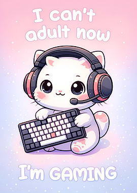 Cute Cat Gamer with Keyboard and Headphones