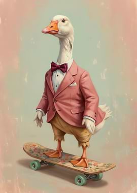 Goose in a Suit on a Skateboard