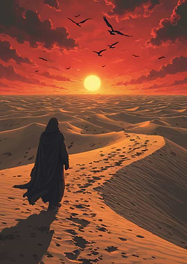 Lone traveler in a desert sunset