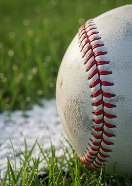 Baseball on wet grass