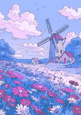 Pastel Windmill Landscape with Flowers