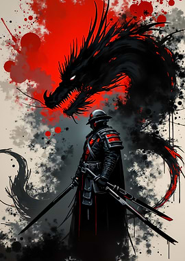 Samurai Warrior and Black Dragon
