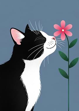 Tuxedo Cat Smelling a Flower
