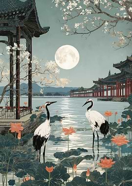 Cranes and Pagodas by Moonlight