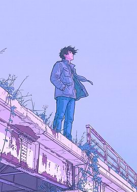Anime boy on a bridge