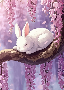 Sleeping White Rabbit in Wisteria