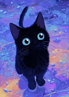 Black Cat with Blue Eyes in Abstract Background
