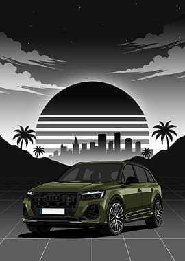 Olive green audi SQ7 Cityscape Sunset