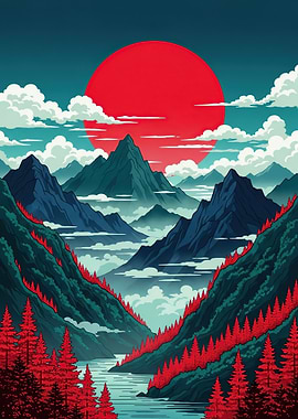 Crimson Sun Over Mountain Valley