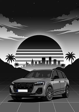 Gray Audi SQ7 Sunset Cityscape